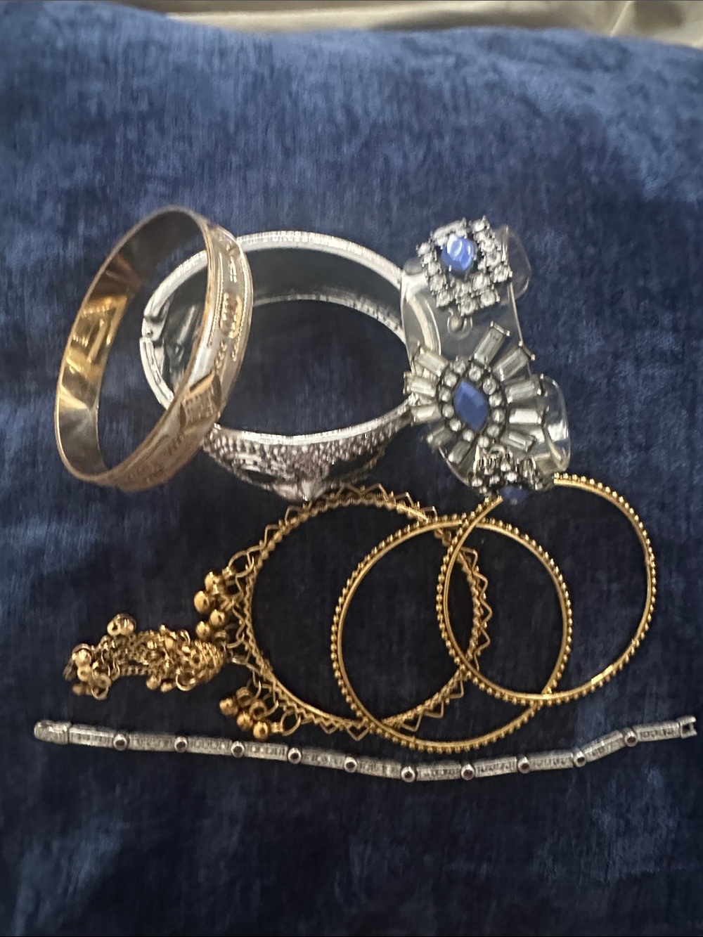 BUNDLE BRACELETS•7 Mixed Gold and Silver Bracelet & Bangle Set with Blue Accent